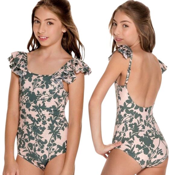 MAAJI "DUSK TIL DAWN" Sz M Floral Leaves Print Ruffle Shoulders Logo Swimsuit - Picture 1 of 7
